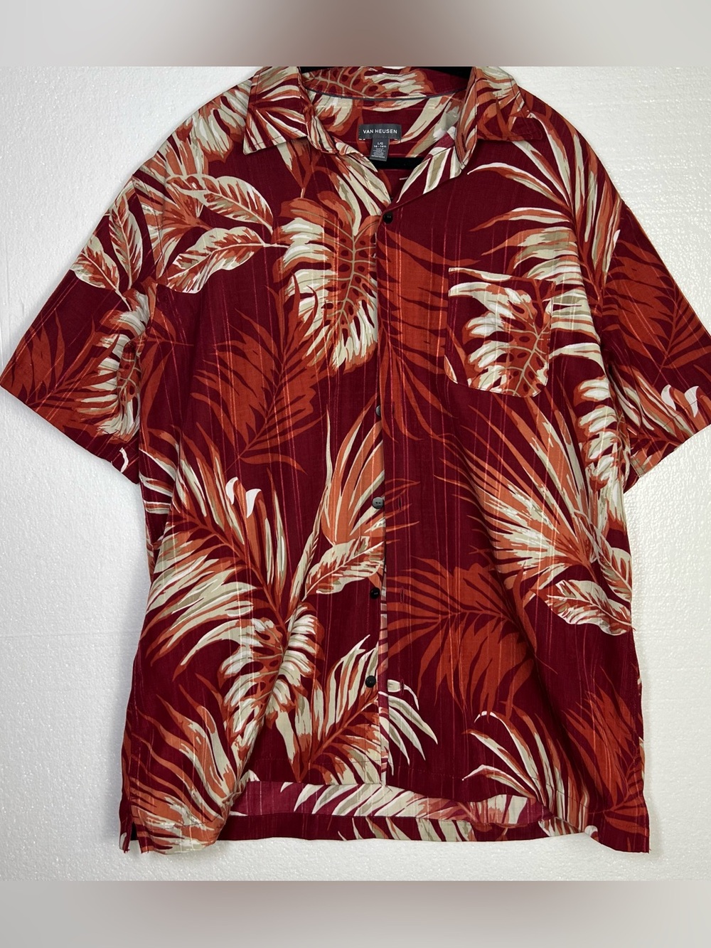 Van Heusen Tropical Leaf Print Shirt Men’s L 16-16.5 Red Orange Short Sleeve